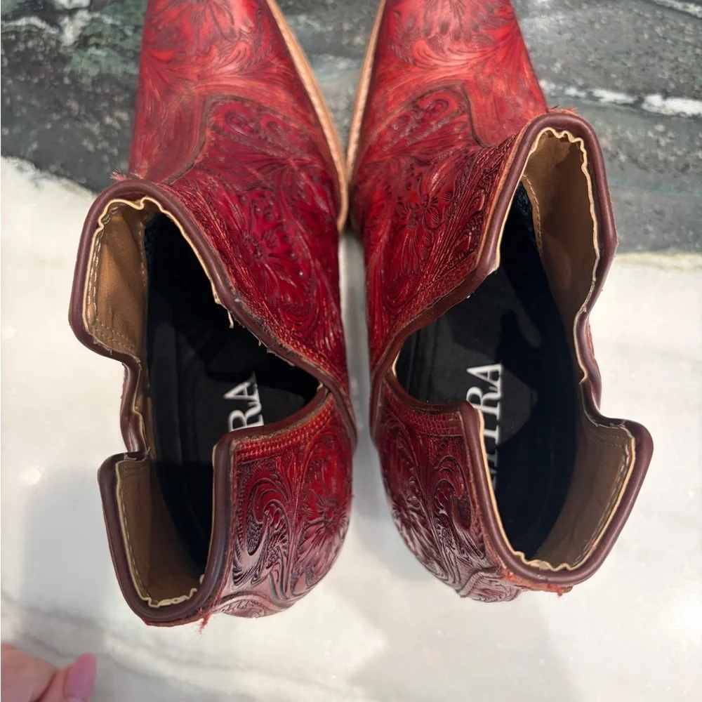 Myra Floral Embossed Leather Western Booties | Red | Size 7 - Picture 7 of 8